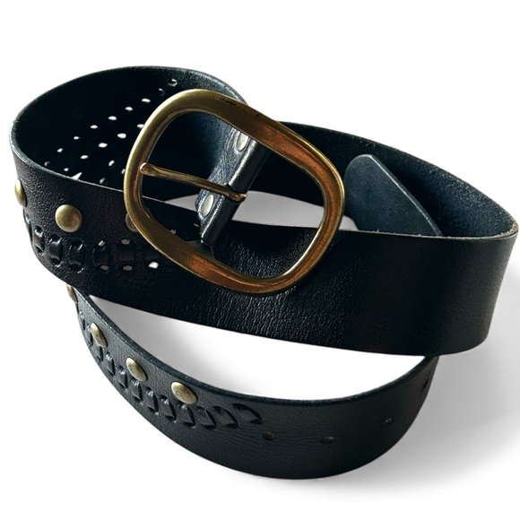 Linea Pelle Studded Black Leather Woven Belt Size XL 44”Length 1 7/8” Wide main image 11
